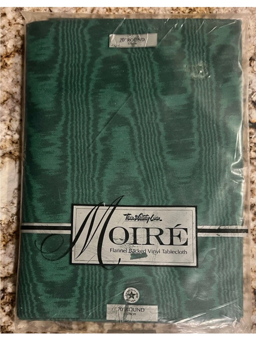Moire 70" Round Green Flannel Backed Vinyl Tablecloth - New In Packaging